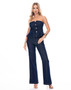 Women’s deep indigo denim flare pants with an elongating front seam detail.