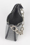 Petite black evening purse covered in silver glitter stones with a detachable crossbody chain.
