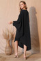 Bateau neck, single batwing, sleeveless contrast, asymmetrical silhouette.