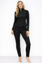 Women’s black athletic zip-up jacket and leggings set, moisture-wicking workout outfit for gym and yoga, sleek black athleisure wear.
