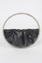 A front-facing view of a black vegan leather crescent clutch with pleated detailing and a continuous crystal-embellished ring handle against a clean white background.