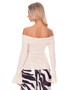 "Quiet luxury off-the-shoulder ribbed knit top featuring elegant bell sleeves and a fold-over bardot neckline for a refined feminine look."