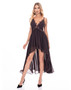 Espresso brown sleeveless high-low dress with floral lace detailing and a sheer waist panel.