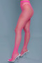 "Close-up of high-waisted hot pink fishnet pantyhose with a fine mesh pattern."