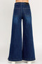 A pair of vintage-inspired wide-leg denim trousers in a deep indigo wash, featuring a high-rise fit, structured vertical paneling, and a unique flared hemline accented with five metallic buttons on the side of each leg.