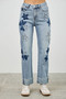 "Women's Celestial Hearts and Stars Patchwork Jeans in Light Wash Denim with Raw Edge Cuffs"
