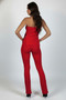 Women's contemporary two-piece set with a strapless longline top and slim-fit flare trousers.