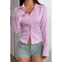 "Vertical striped long sleeve collared blouse for women’s boutique."