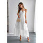 "Halter neck v-neck maxi dress with pleated bodice and flowing tiered silhouette."