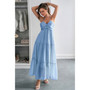"Flowy empire waist halter dress for vacation and resort wear."
