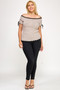 Ribbed knit off-the-shoulder blouse with lettuce edge hem.