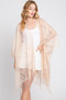 Sheer champagne floral lace kimono with fringe trim.