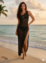 Elegant black 3-piece swim set with sheer maxi cover-up and side slit detail.