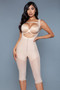"Front view of an open-bust compression garment with inner hooks, a sturdy zipper, and reinforced stitching for maximum waist snatching."