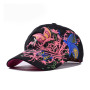 Black baseball cap featuring vibrant pink and blue butterfly and floral embroidery across the crown and brim.