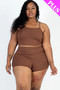 Plus-size two-piece ribbed lounge set in mocha brown featuring a cropped cami and high-waisted shorts.