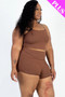 Mocha-colored plus-size athletic and lounge set with vertical ribbing texture.