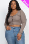 Women’s plus size ribbed long sleeve crop top in taupe with snap-front closure.