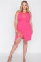 Magenta pink lace-trim wrap dress for women. Vibrant cocktail dress with sleeveless halter neckline and side slit detail, front view.