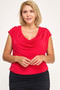Front view of a crimson red cowl-neck blouse for women, featuring elegant fabric draping and a tailored fit, styled with a black ruched pencil skirt.