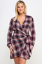 "Merlot and navy plaid wrap dress with long sleeves and side-tie waist."