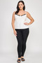 Women’s white sleeveless top with button-front detail and lace neckline.