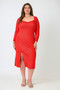 "Plus-size model wearing a two-piece shimmer red midi dress with a matching long-sleeve bolero shrug, featuring a cowl neckline and a high side slit against a white background."