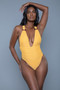 Marigold yellow plunging one-piece swimsuit with ring details and ruched waist.