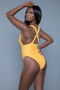 Deep V-neck yellow one-piece swimsuit with textured bodice.