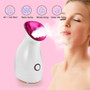 Front view of a white desktop facial steamer showing the ergonomic curved body and rose-colored steam outlet.