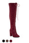 Thigh-high lace-up boots featuring a full front corset-style lacing and a sturdy stacked block heel.