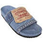 Jean material slip-on sandal with heritage logo detail.
