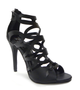 Women's black strappy gladiator heels with high stiletto and peep toe for evening wear.