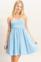 Blue eyelet mini dress.