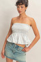 Coastal blue striped peplum strapless top.