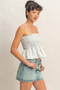 Smocked striped tube top with peplum hem.
