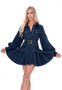 Dark wash denim mini dress with flared skirt.