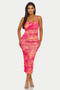 Vibrant fuchsia and tangerine abstract mesh dress.