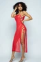 Transparent red tube-style mesh midi dress.