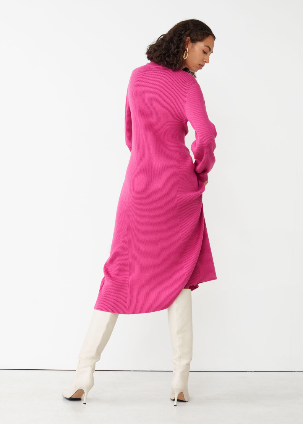 Long Pink Button Ribb Knit Dress