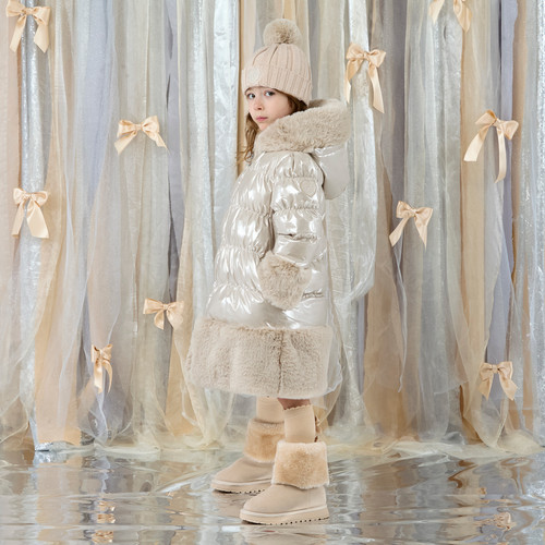 Adee Aurora Long Fur Trim Coat Stone Beige