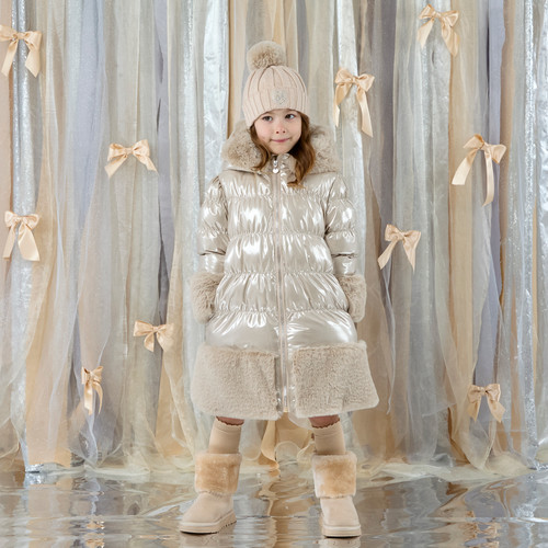Adee Aurora Long Fur Trim Coat Stone Beige