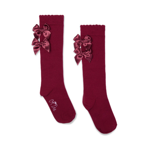 Adee Ariel Knee High Bow Socks Deep Cherry