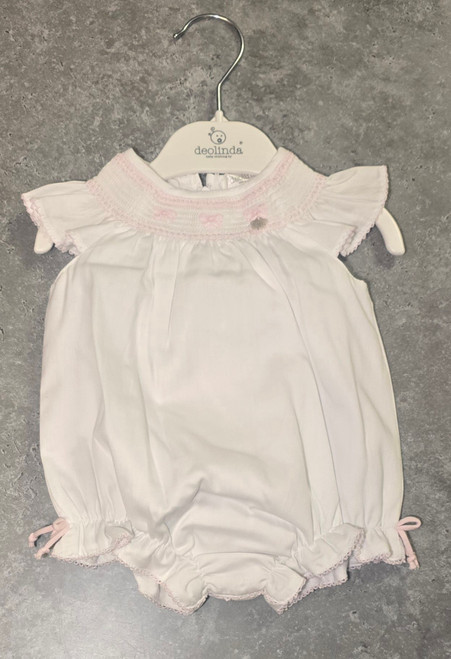 Deolinda Smocked Romper Bow Detail Pink/ White DBV26505