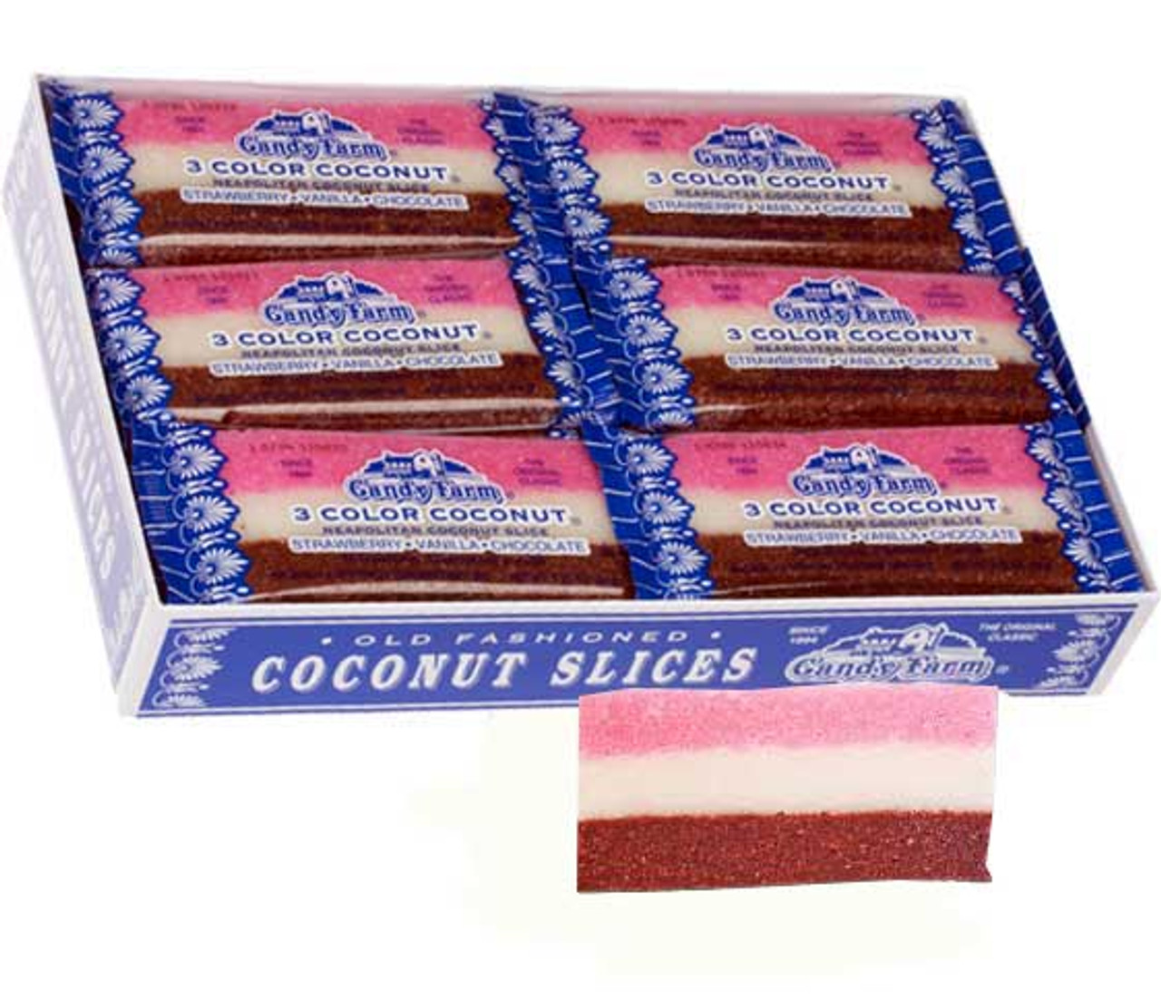 Neapolitan Coconut Slice Candy Bars (Vanilla, Chocolate &  Strawberry-striped moist coconut 1.65 Ounce Bars), 24 Count by Dayton Nut  Specialties : : Grocery & Gourmet Food