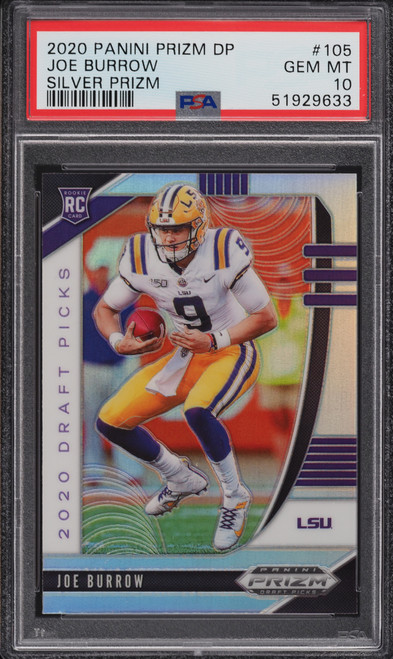 2020 PANINI PRIZM DRAFT SILVER PRIZMS JOE BURROW ROOKIE RC #105 PSA 10 GEM MINT