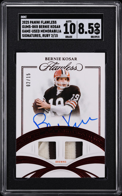2025 Panini Flawless Game-Used Ruby Bernie Kosar PATCH AUTO /15 #GUMS-BKR SGC 8.5 NM-MT+