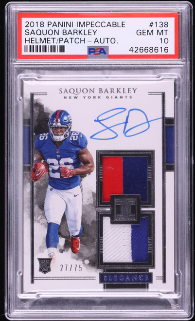2018 Panini Impeccable Helmet Saquon Barkley ROOKIE PATCH AUTO /75 #138 PSA 10 GEM MINT
