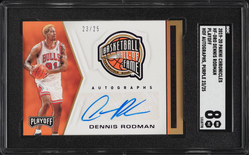 2019 Panini Chronicles Playoff Hall Of Fame Purple Dennis Rodman AUTO /25 #HF-DRO SGC 8 NM-MT