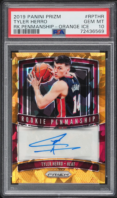 2019 Panini Prizm Penmanship Orange Ice Tyler Herro ROOKIE AUTO #RPTHR PSA 10 GEM MINT